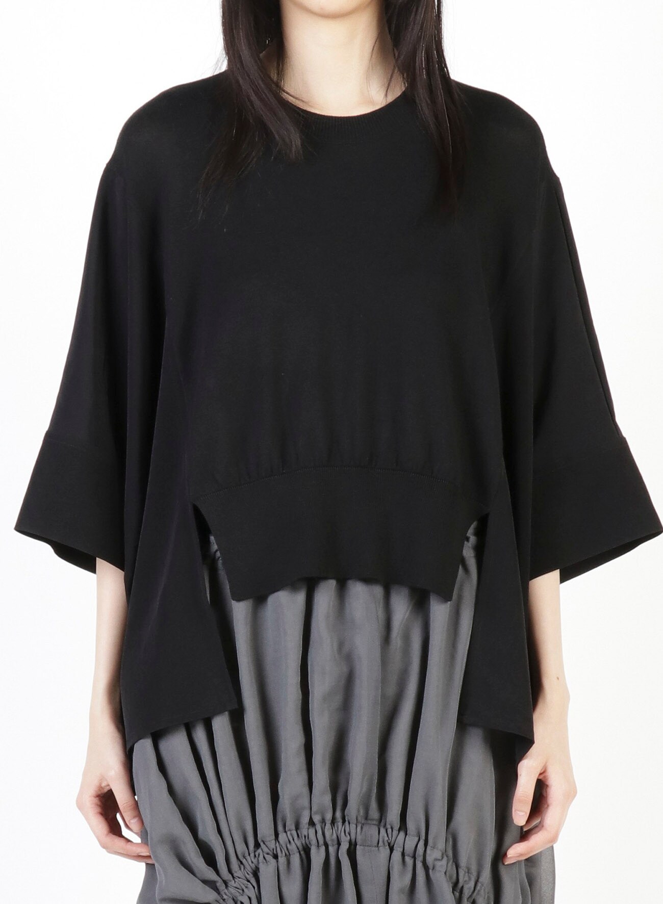 TRIACETATE POLYESTER de CHINE + COTTON RAYON SILK DUAL FABRIC PANEL PULLOVER