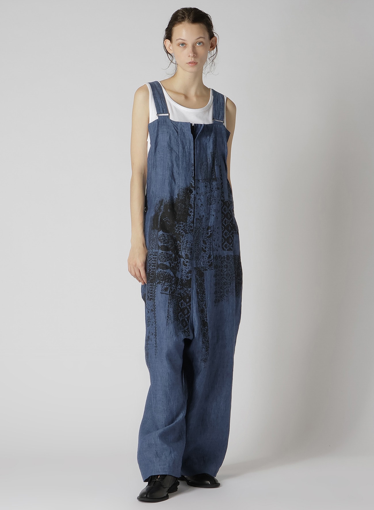 LINEN CHAMBRAY ETHNIC PATCHWORK PRINT OVERALLS