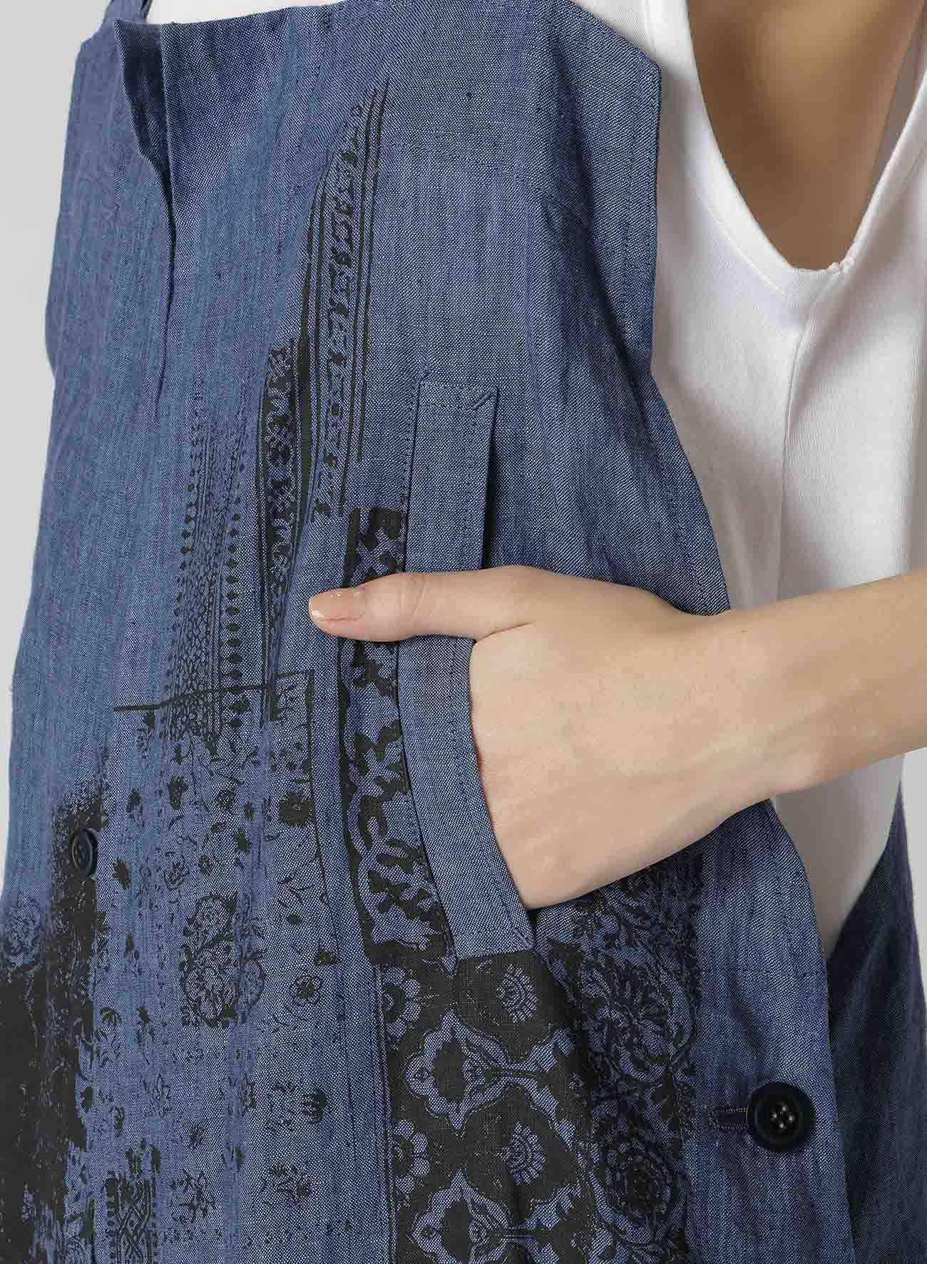 LINEN CHAMBRAY ETHNIC PATCHWORK PRINT OVERALLS