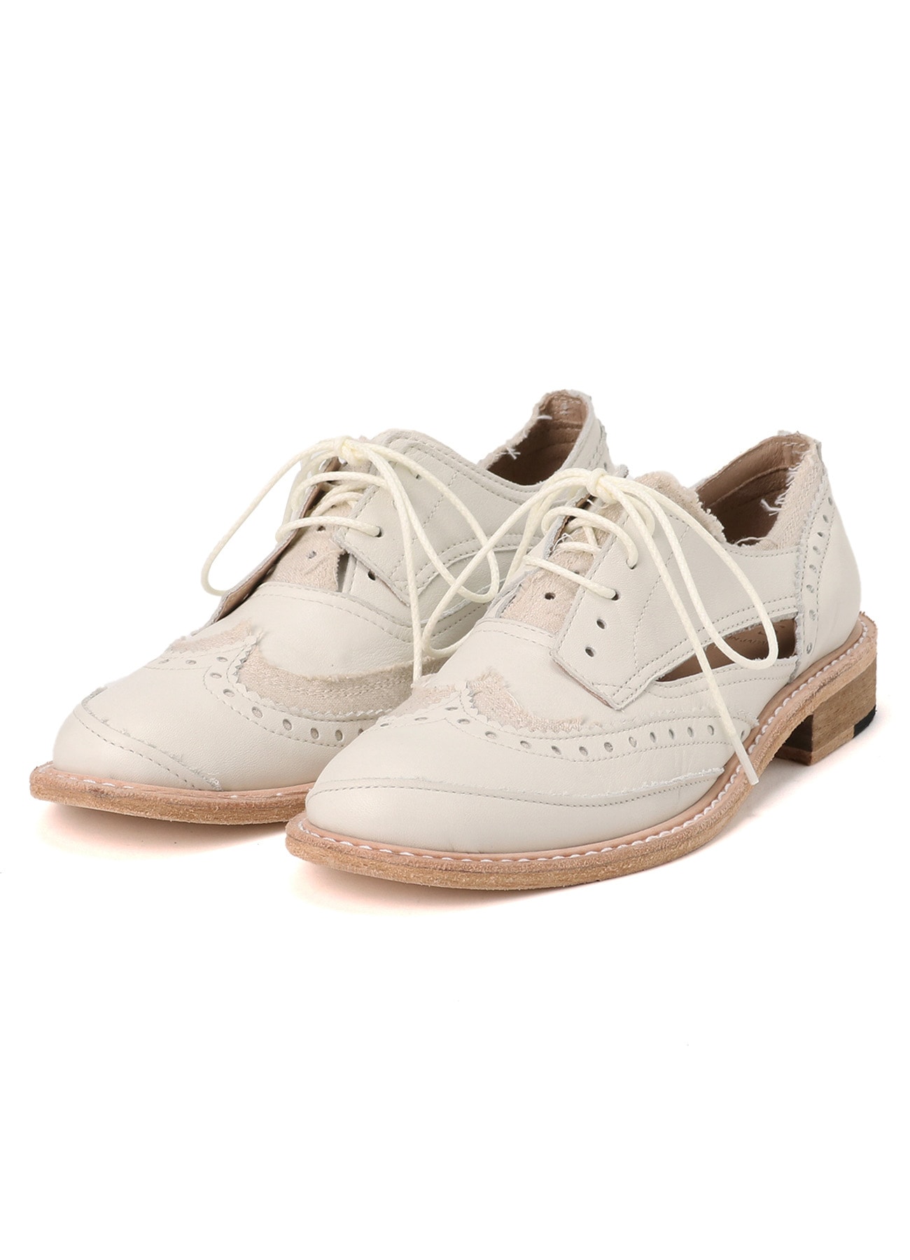 COTTON LINEN/LEATHER COMBINATION WING CHIP SHOES