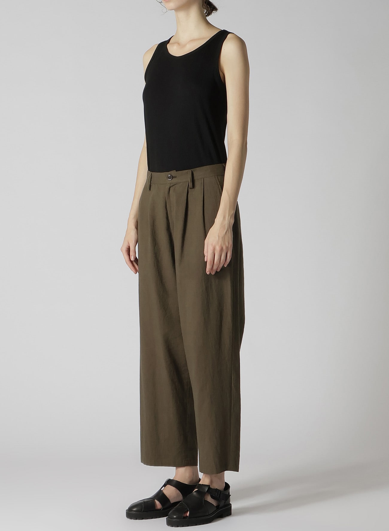 COTTON FLAX POPLIN DOUBLE TUCK TAPERED PANTS