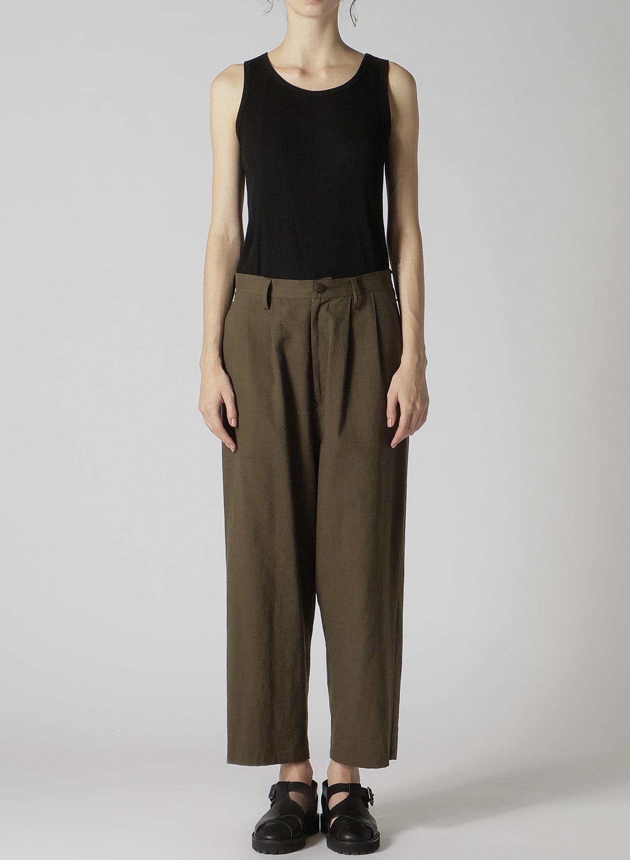 COTTON FLAX POPLIN DOUBLE TUCK TAPERED PANTS