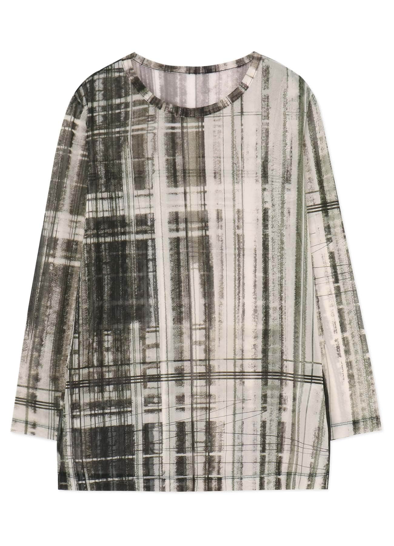 HAND PAINTED PLAID PRINT LONG SLEEVE SHORT DRESS(S Off White): Y's 