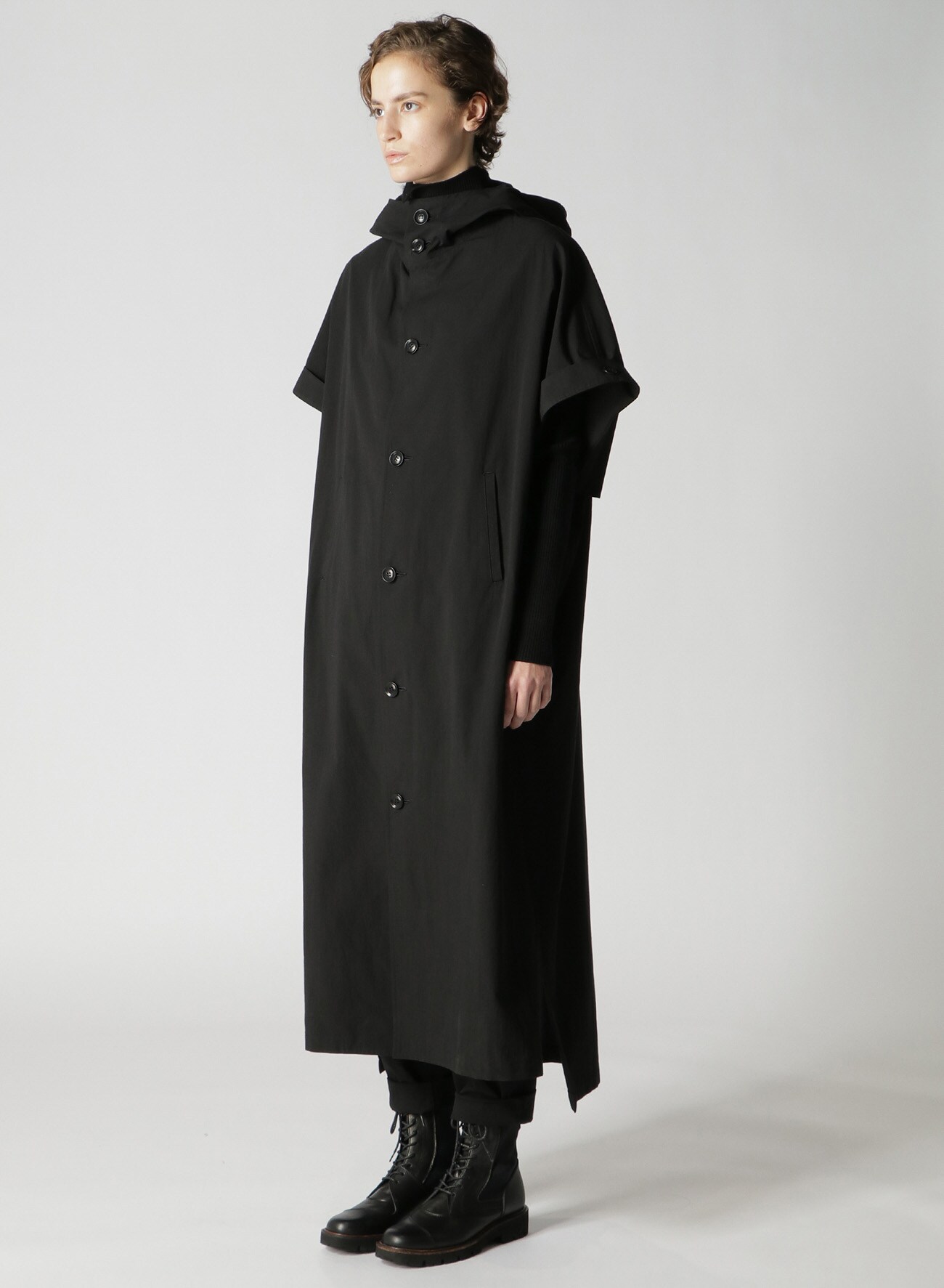 ORGANIC COTTON/LINEN CAP SLEEVE HOODED DRESS(XS Black): Y's｜THE