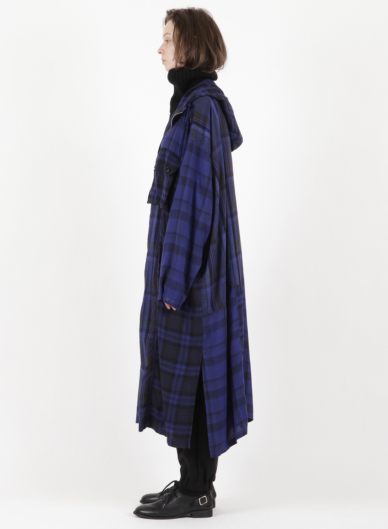 TWILL CHECKED HOODED COAT DRESS