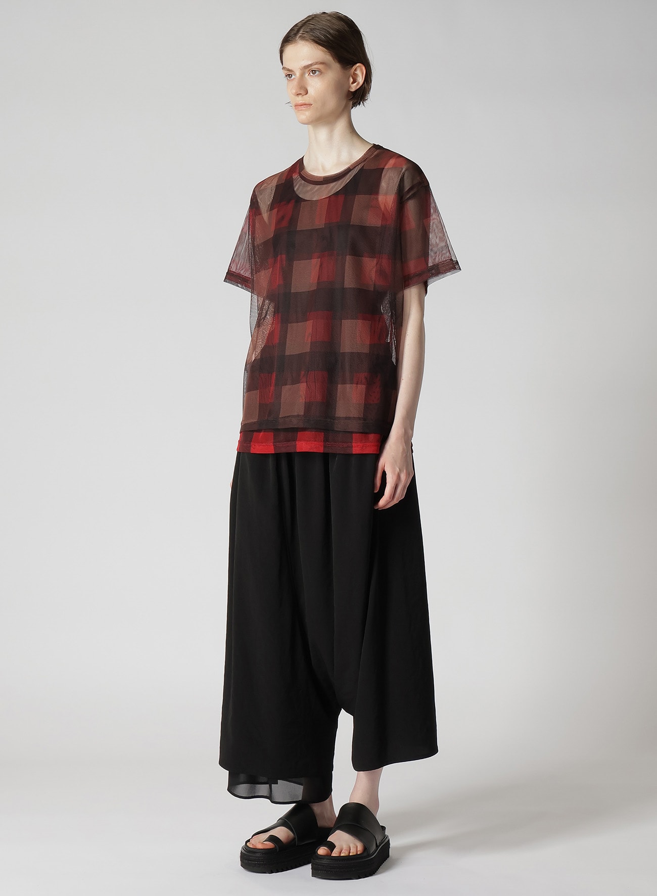 DOUBLE LAYER PLAID PRINT TULLE HALF SLEEVE T