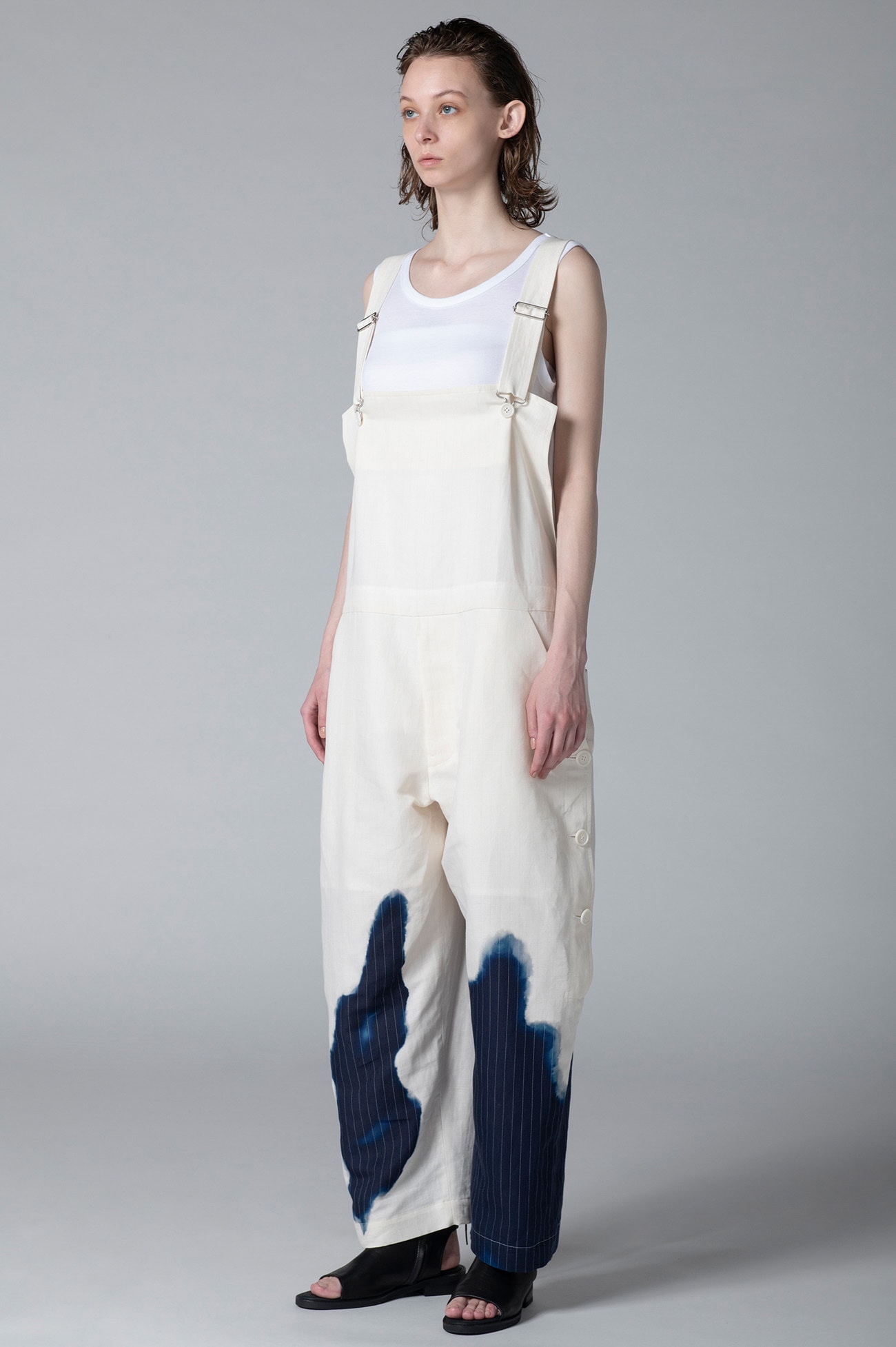 LINEN/COTTON OVERALLS WITH PARTIAL PINSTRIPE PATTERN