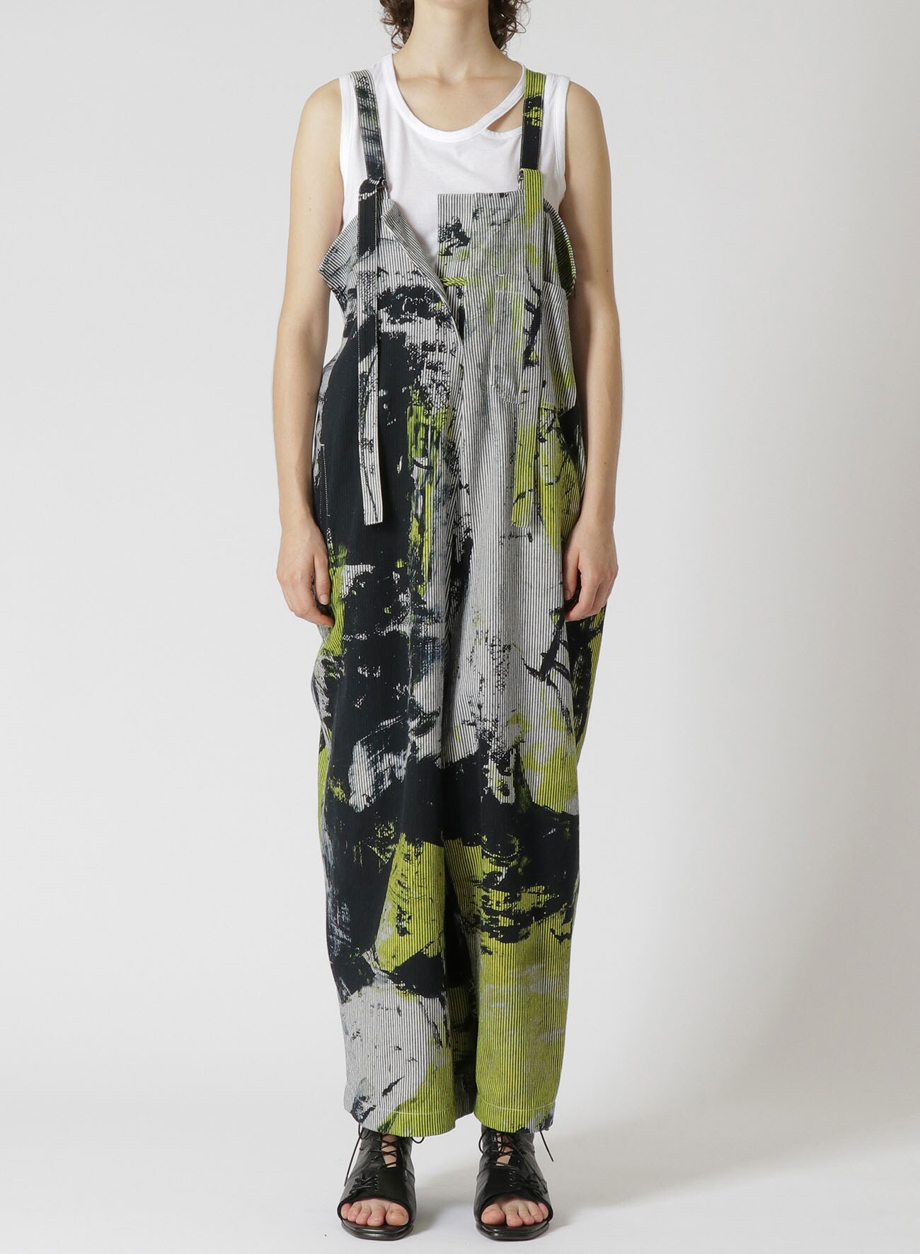 COTTON HICKORY ABSTRACT PAINT STRAP OVERALLS