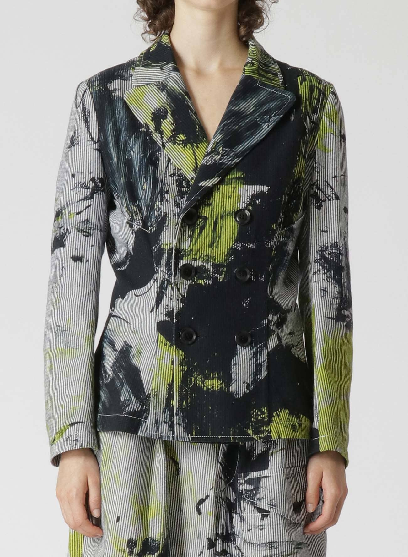 COTTON HICKORY DOUBLE BREASTED JACKET WITH ABSTRACT PRINT