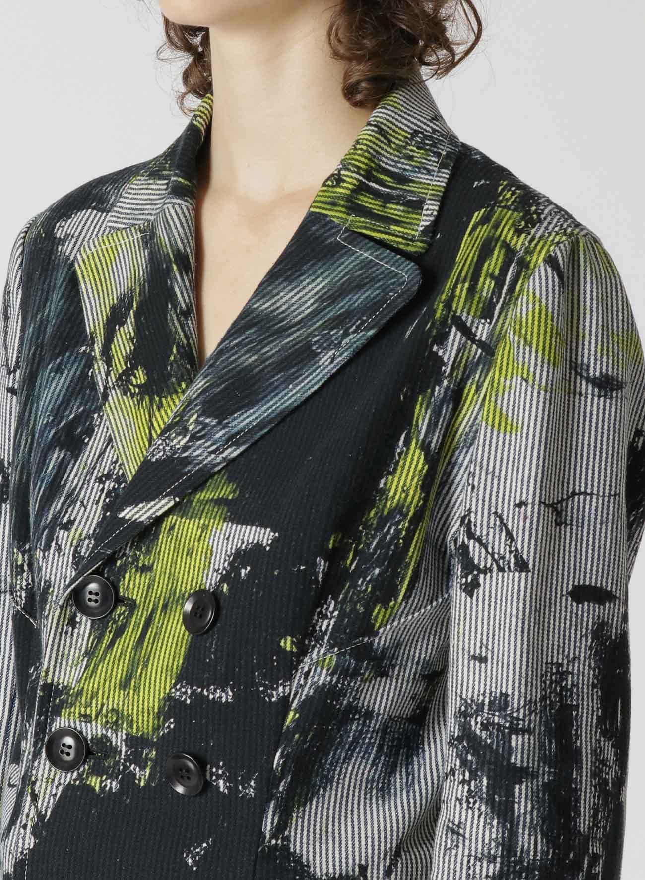 COTTON HICKORY DOUBLE BREASTED JACKET WITH ABSTRACT PRINT