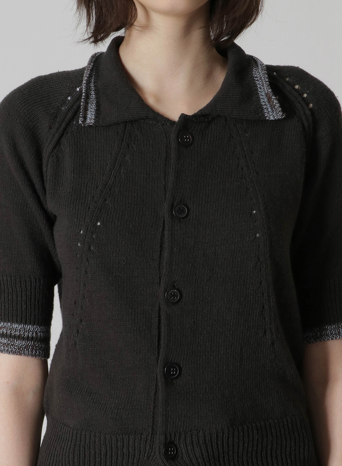 PLAIN STITCH CARDIGAN WITH HOLE DETAILS AND ASYMMETRIC COLLAR/SLEEVES