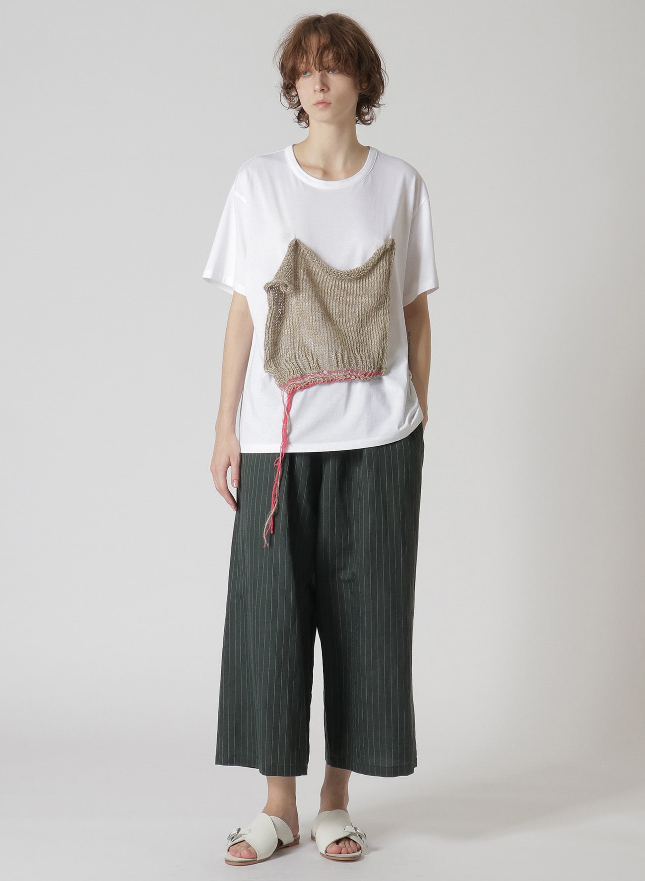 LINEN/COTTON PIN-STRIPED UNEVENLY DYED WIDE LEG PLEATED PANTS