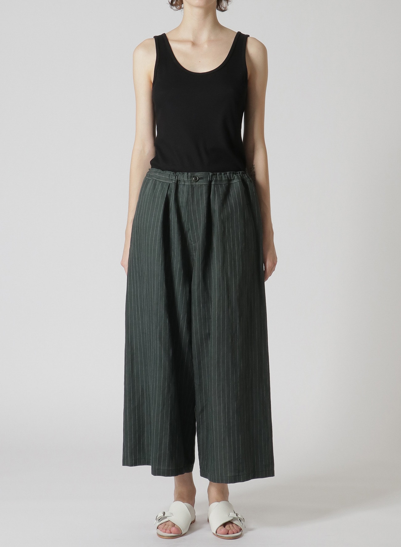 LINEN/COTTON PIN-STRIPED UNEVENLY DYED WIDE LEG PLEATED PANTS