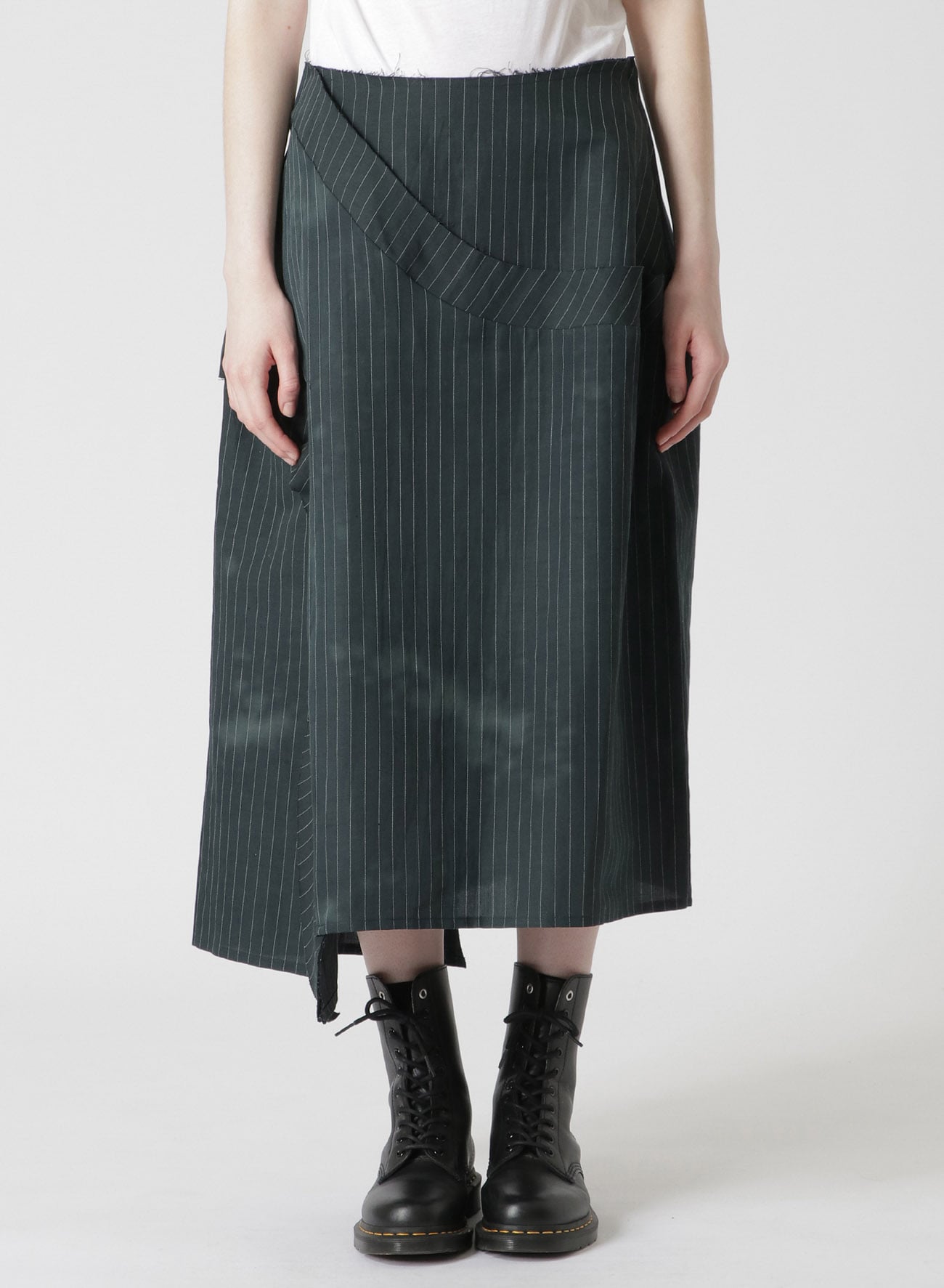 LINEN/COTTON PIN-STRIPED UNEVENLY DYED FLARED SKIRT