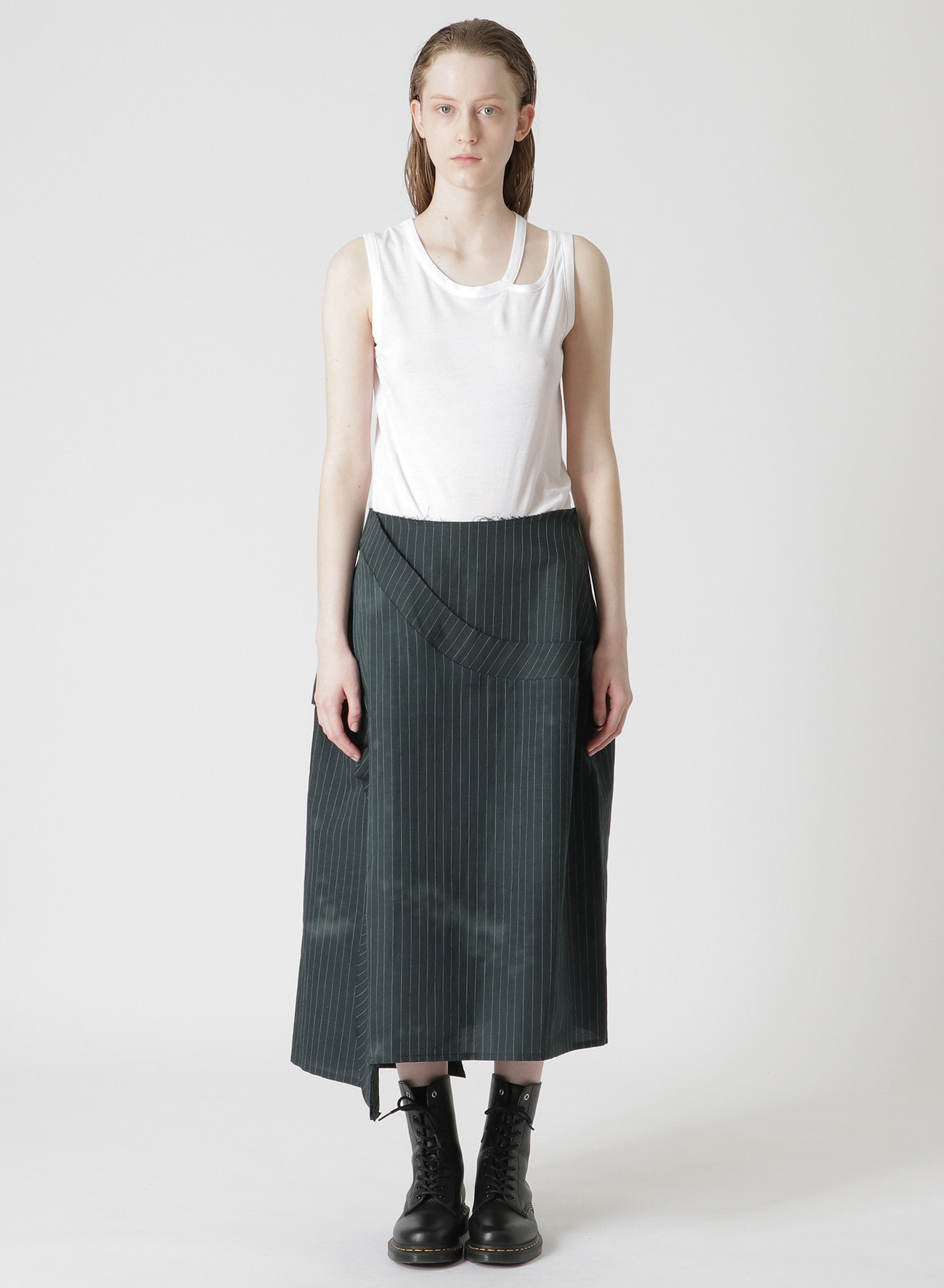 LINEN/COTTON PIN-STRIPED UNEVENLY DYED FLARED SKIRT