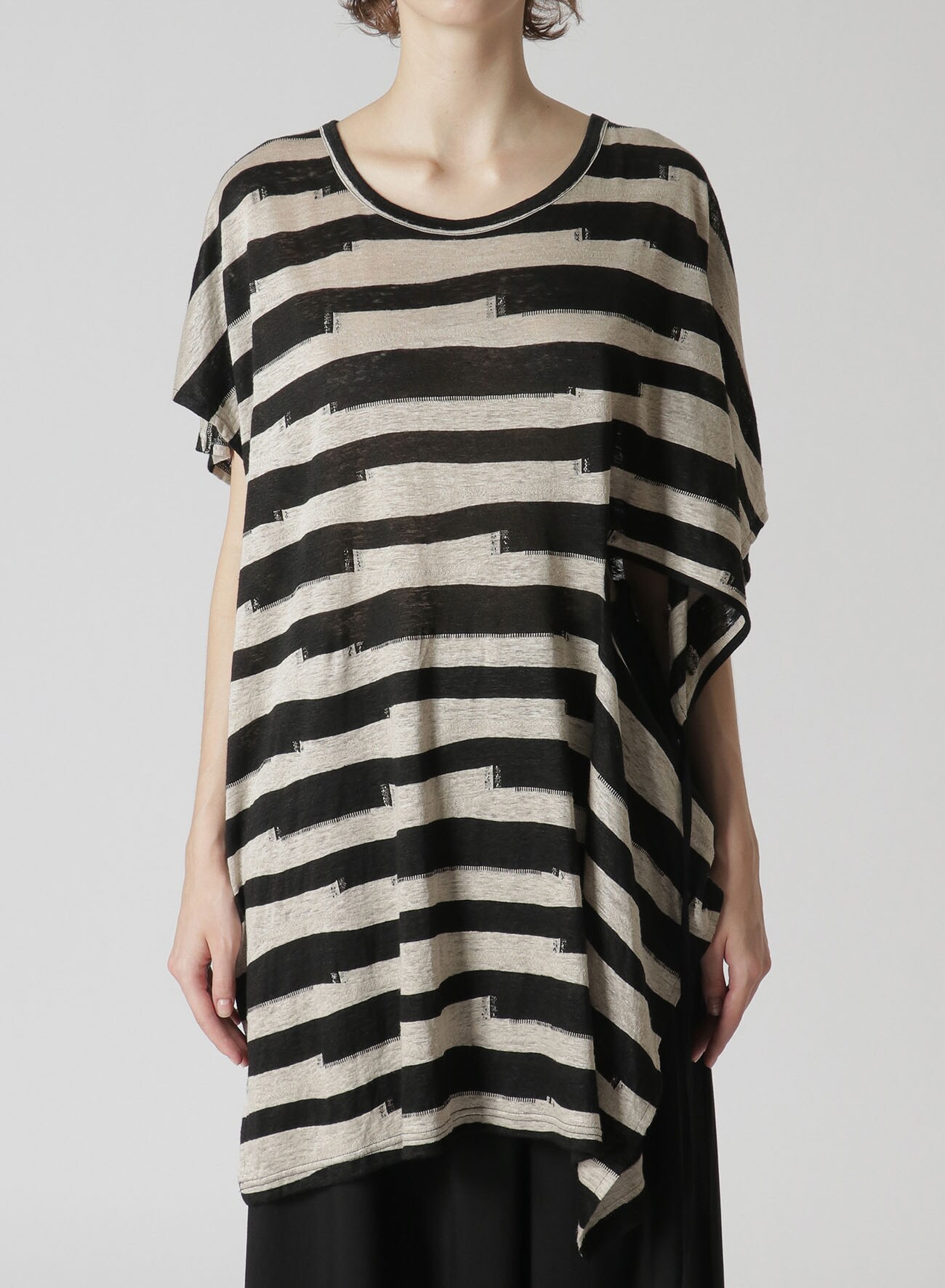 STRIPED FRENCH SLEEVE T-SHIRT WITH LEFT SLASH