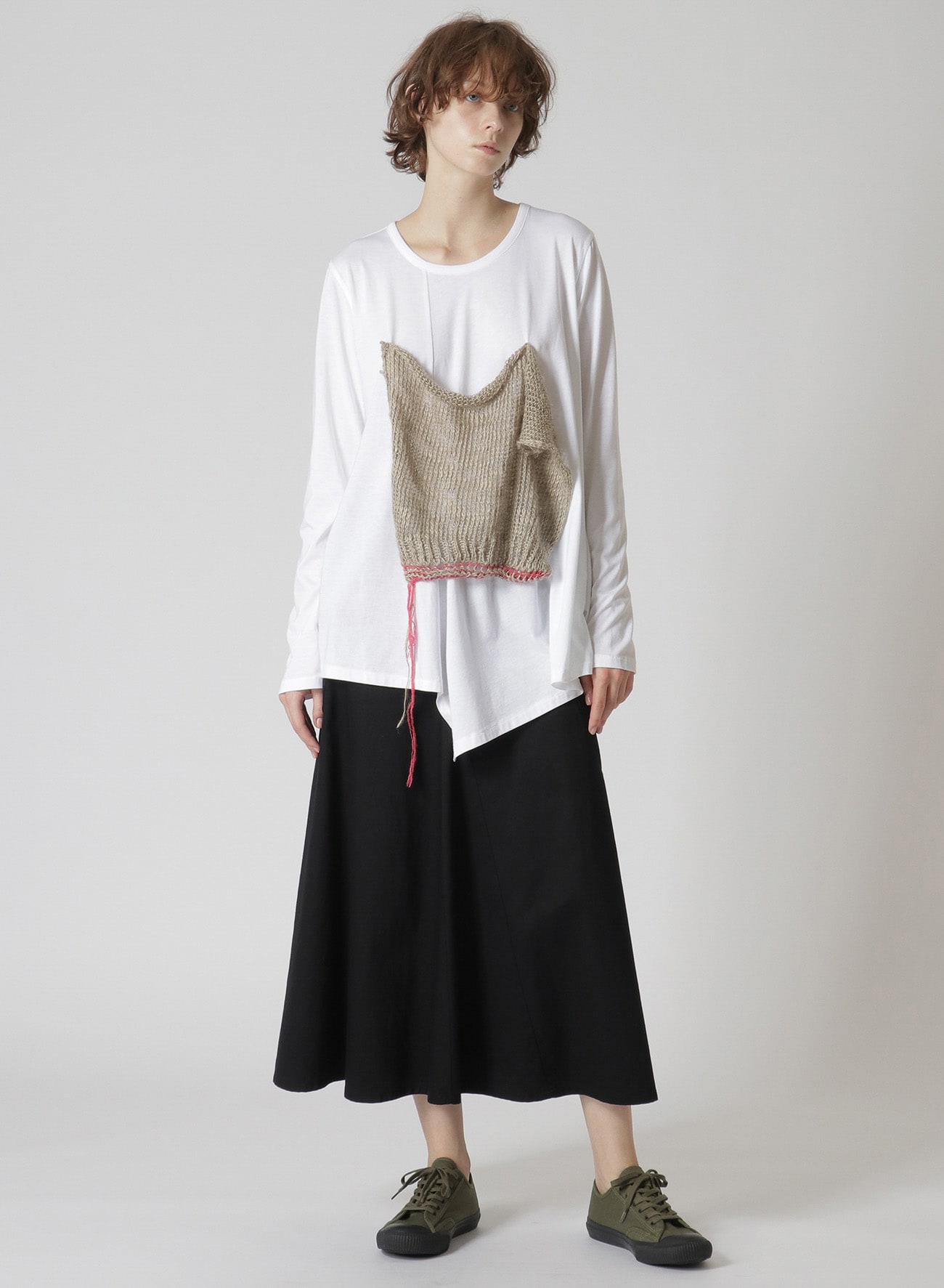 COTTON LONG SLEEVE T-SHIRT WITH KNITTED LINEN DETAIL